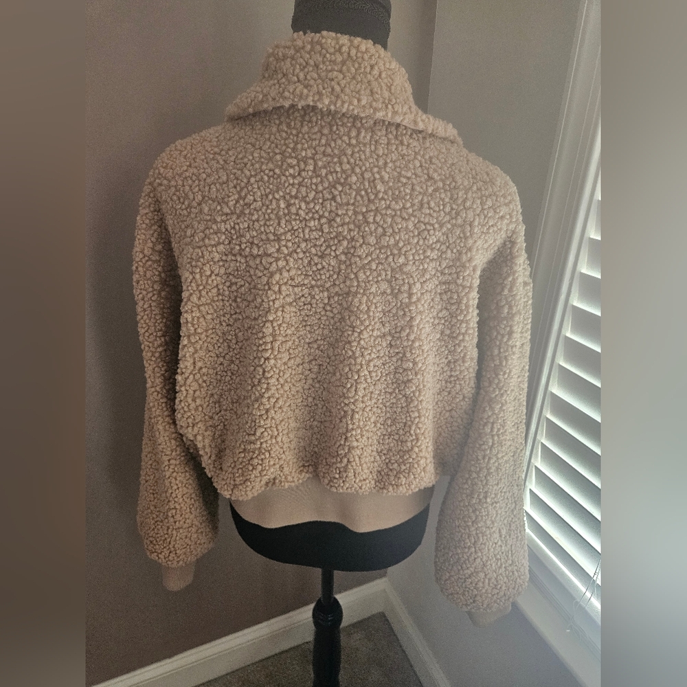 Cream Bomber Jacket with Plush Texture and Cozy Collar